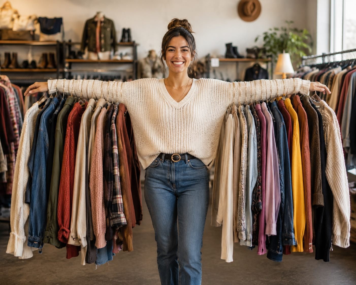 The founder of FindLoveList holding an armful of secondhand clothing on hangers