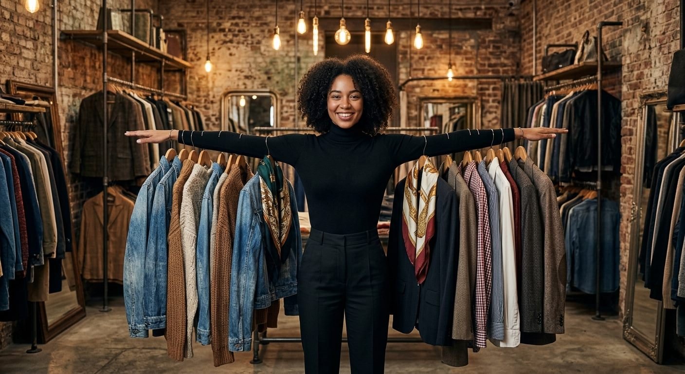 A woman beside a clothing rail in a brick-walled boutique