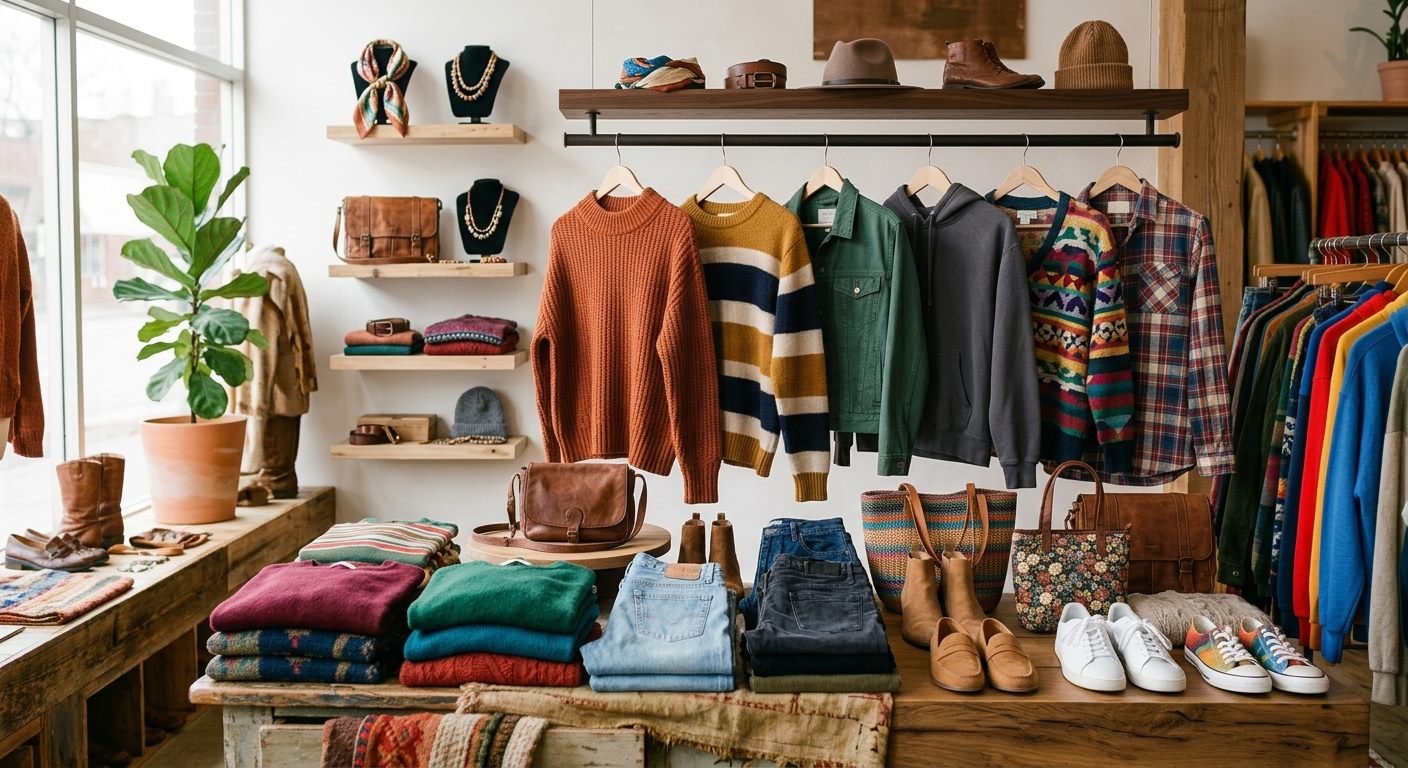 A warm boutique interior with knitwear on a rail and boots on a wooden table