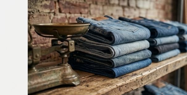 Folded blue jeans on a wooden shelf