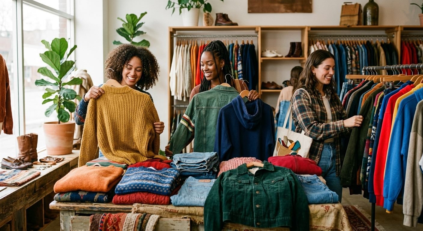 Three friends browsing a table of folded secondhand sweaters together