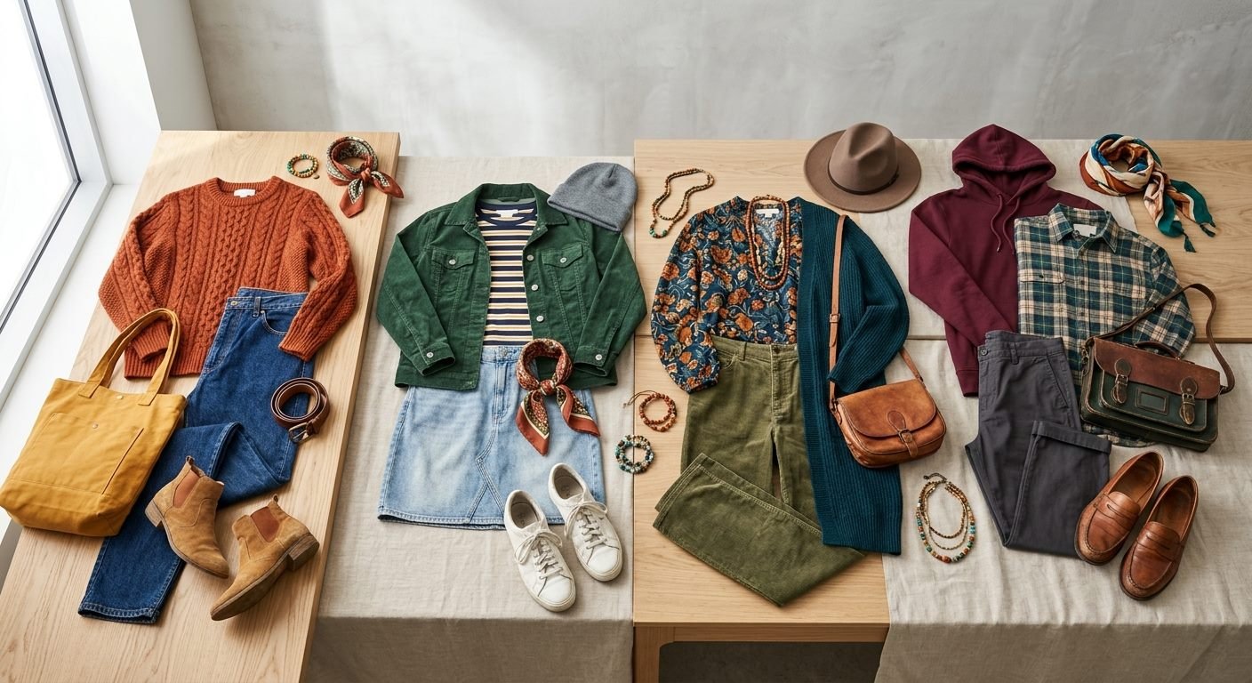 Four complete outfits laid out flat with knitwear, jackets, denim and boots