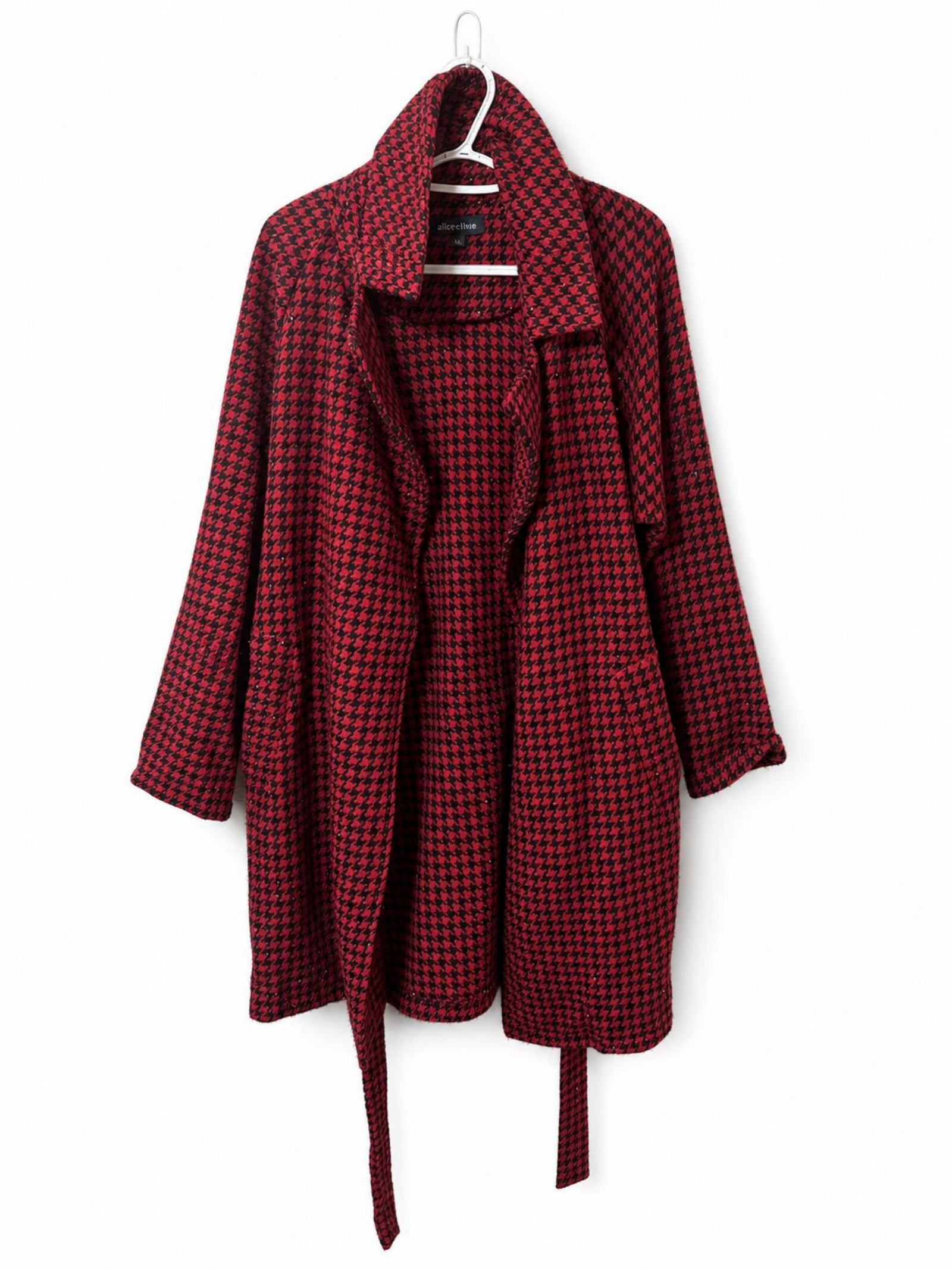 Red-Black Houndstooth Belted Coat