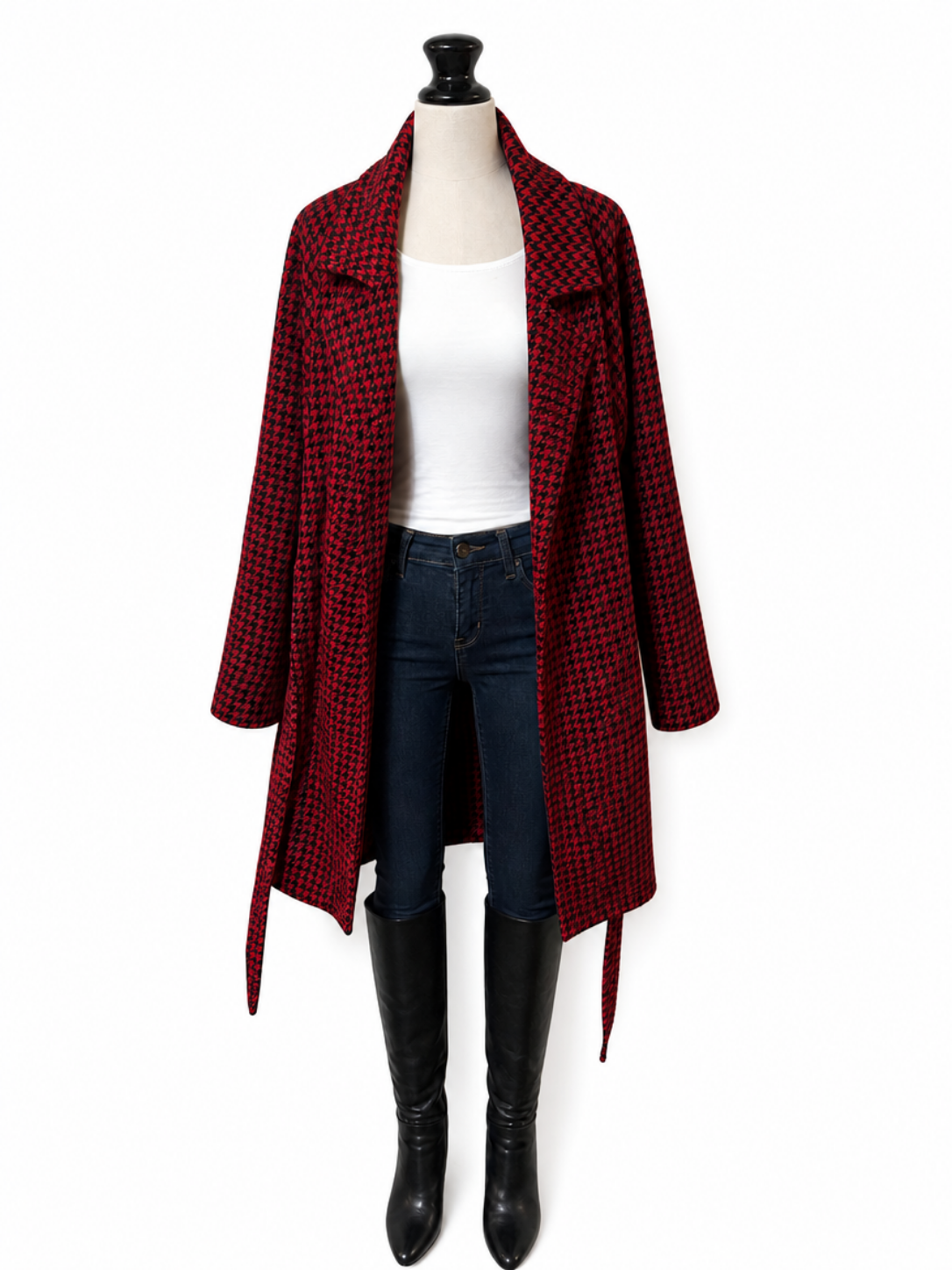 Red-Black Houndstooth Belted Coat - Image 2
