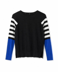 Black Color‑Block Long Sleeve Top – Striped & Blue Sleeve Detail
