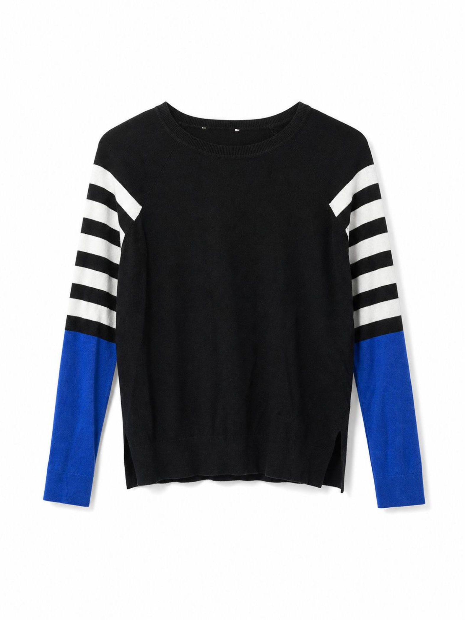 Black Color‑Block Long Sleeve Top – Striped & Blue Sleeve Detail