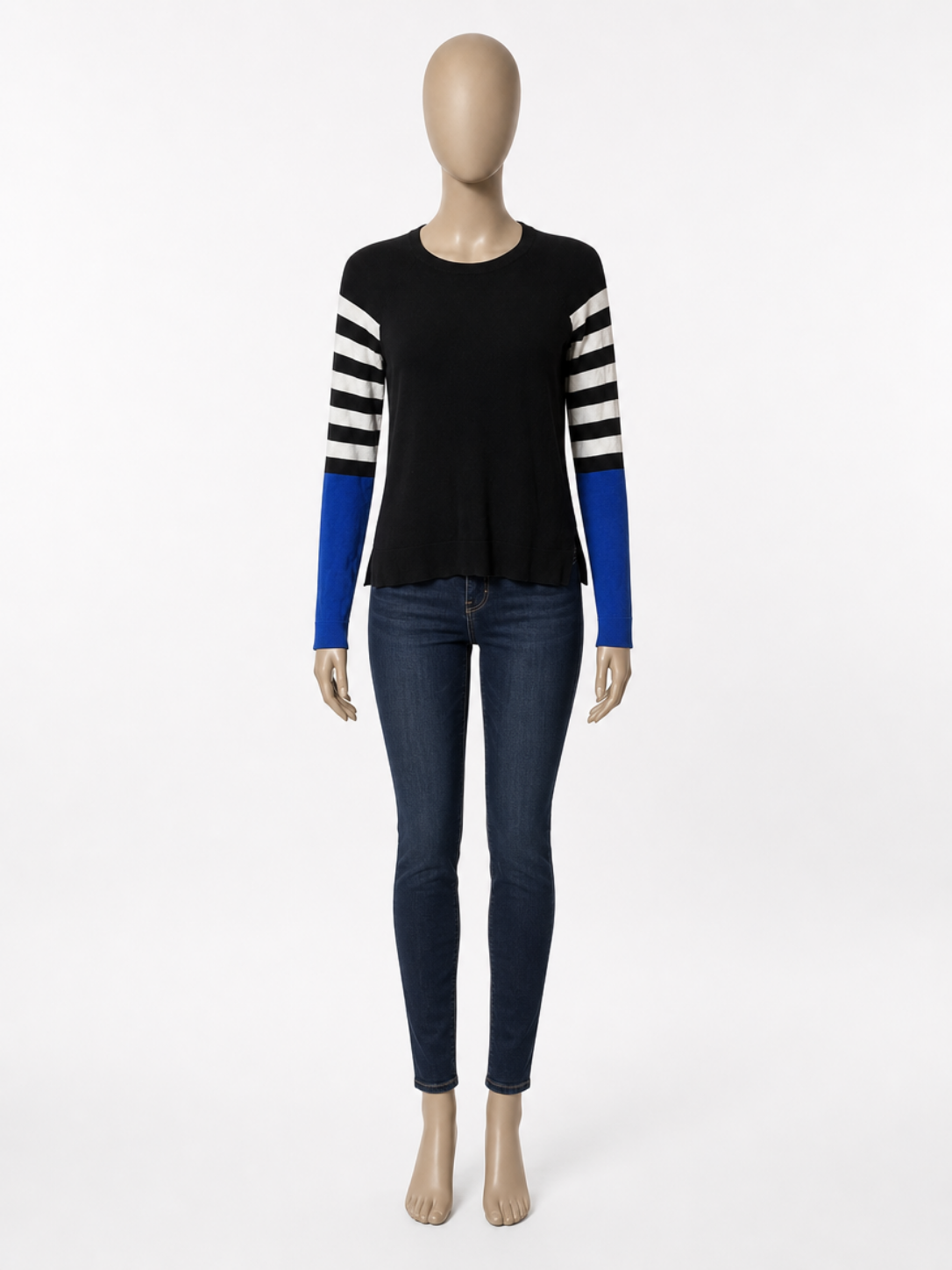 Black Color‑Block Long Sleeve Top – Striped & Blue Sleeve Detail - Image 2