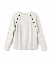 White Cable‑Knit Sweater – Button‑Detail Shoulder Pullover