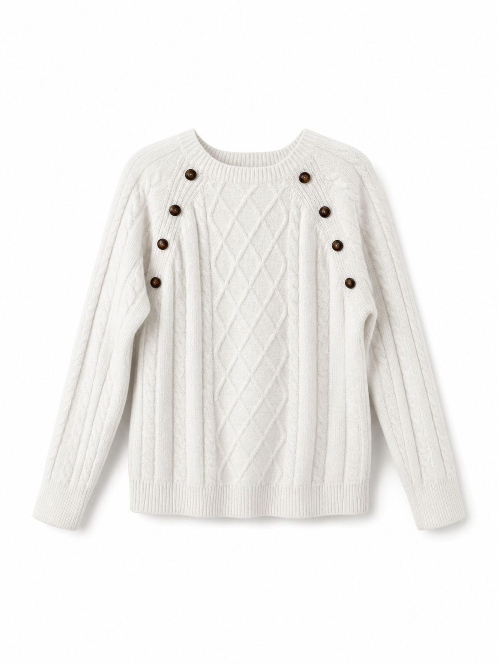 White Cable‑Knit Sweater – Button‑Detail Shoulder Pullover