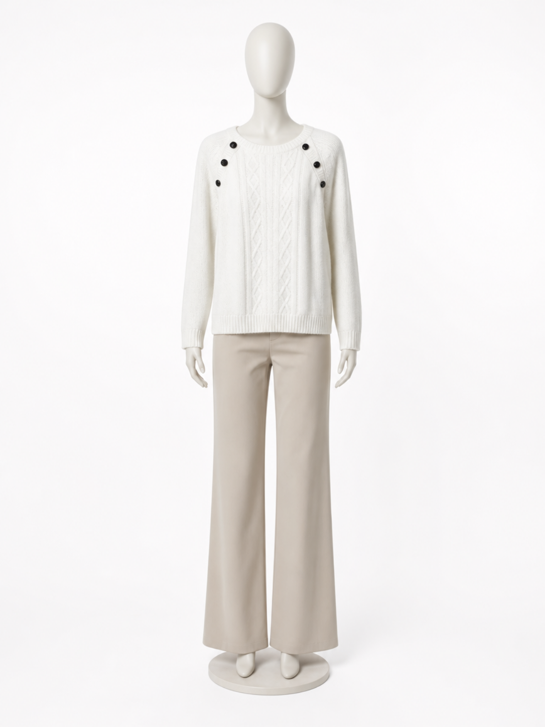 White Cable‑Knit Sweater – Button‑Detail Shoulder Pullover - Image 2