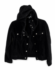 Black Hooded Snap-Front Textured Jacket Women's Casual Utility Style