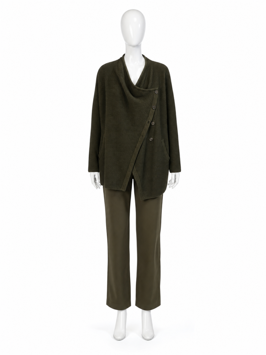 89th + Madison Olive Green Asymmetrical Cowl Neck Cardigan Sweater - Image 2