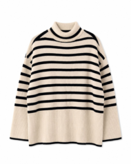 Oversized Cream and Black Striped Turtleneck Sweater with Wide Ribbed Hem