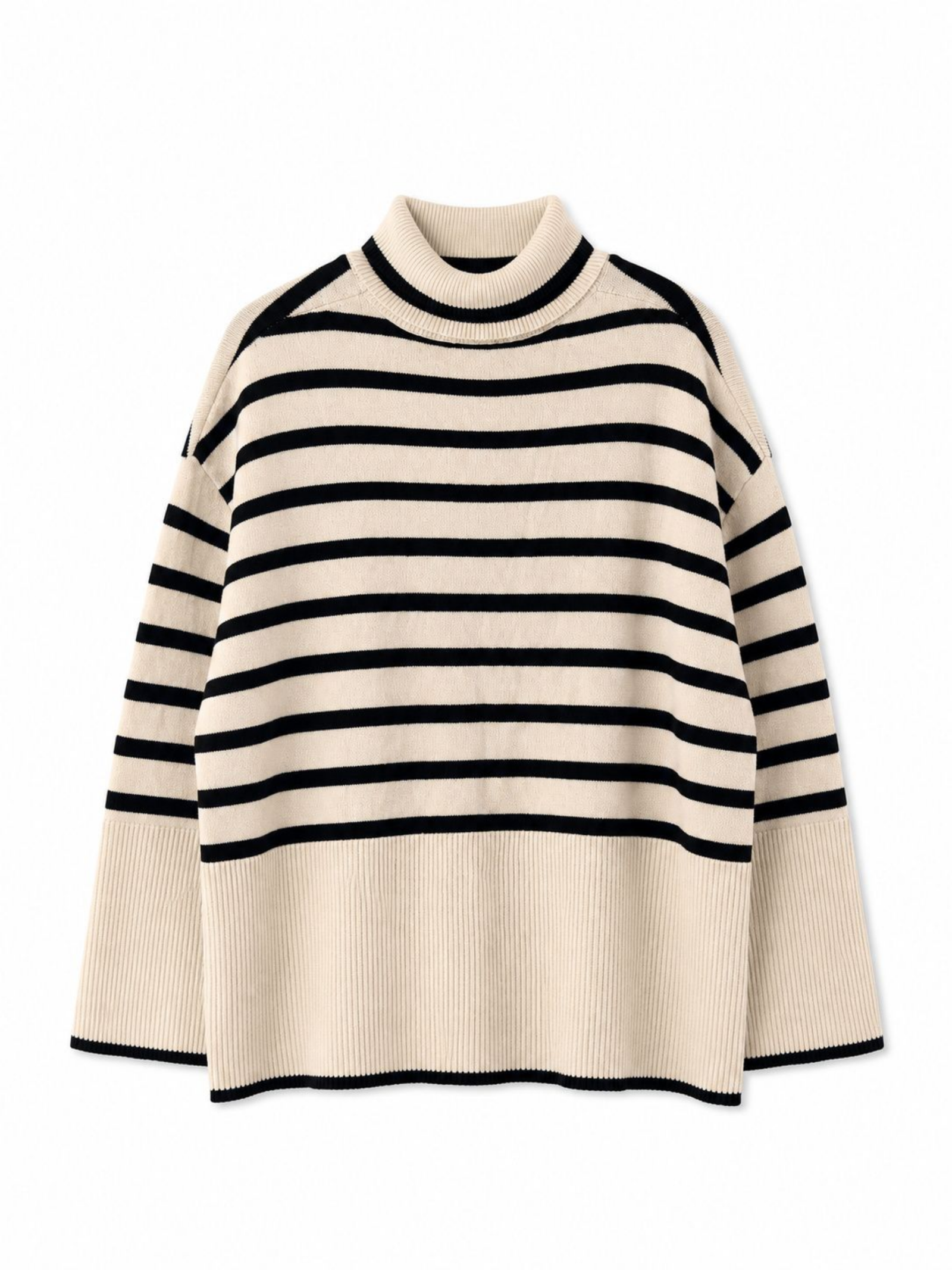 Oversized Cream and Black Striped Turtleneck Sweater with Wide Ribbed Hem