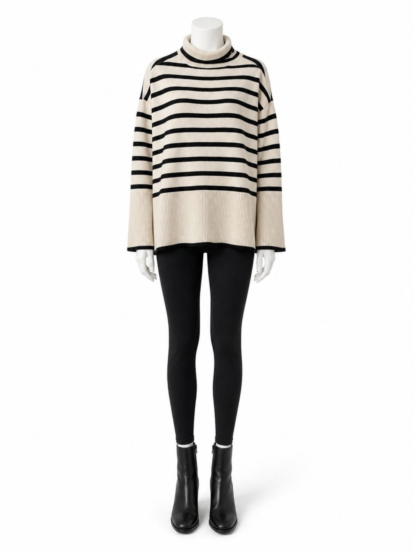 Oversized Cream and Black Striped Turtleneck Sweater with Wide Ribbed Hem - Image 2