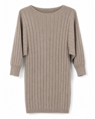 Beige Ribbed Knit Batwing Tunic Sweater / Mini Dress