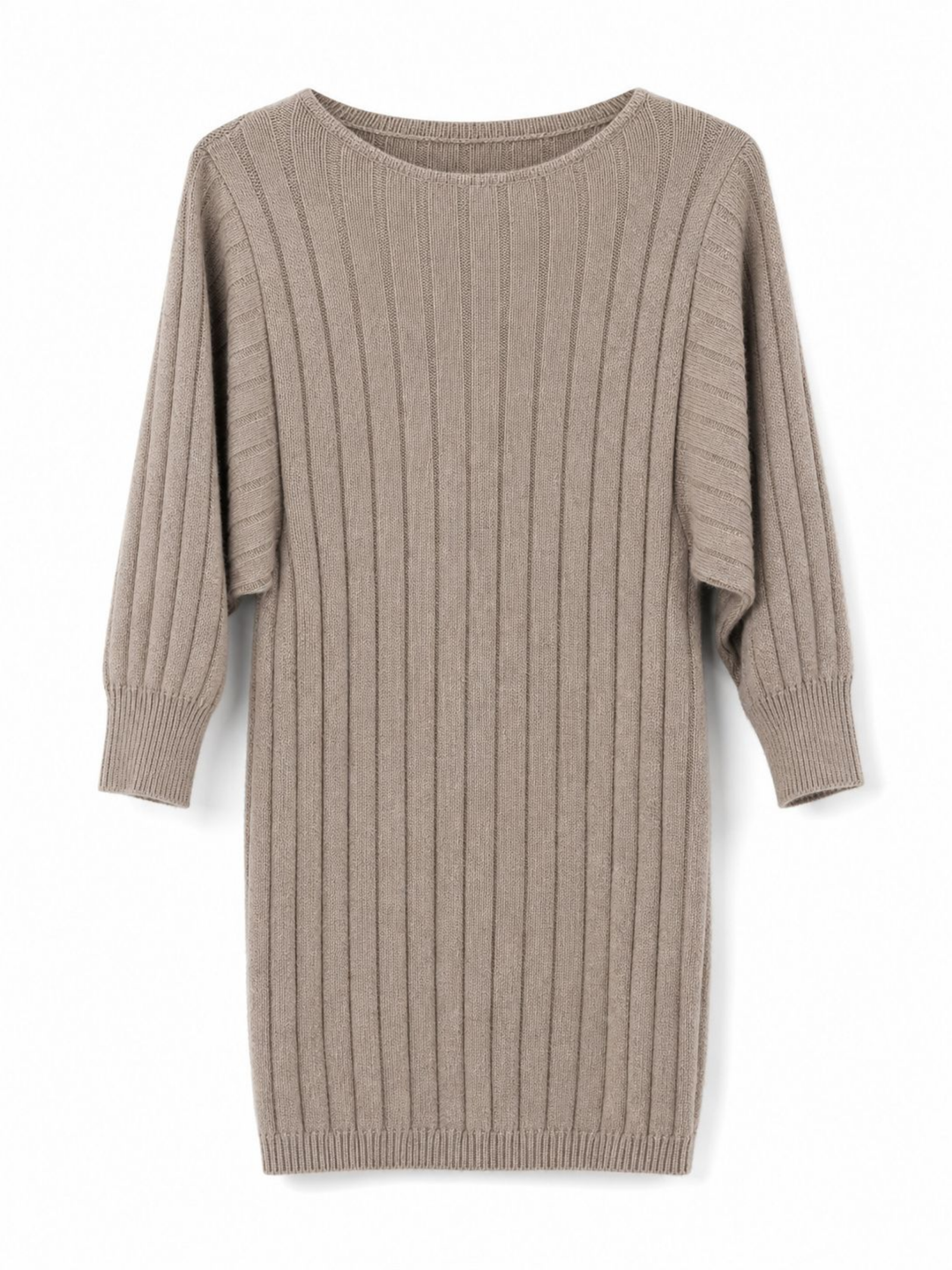 Beige Ribbed Knit Batwing Tunic Sweater / Mini Dress