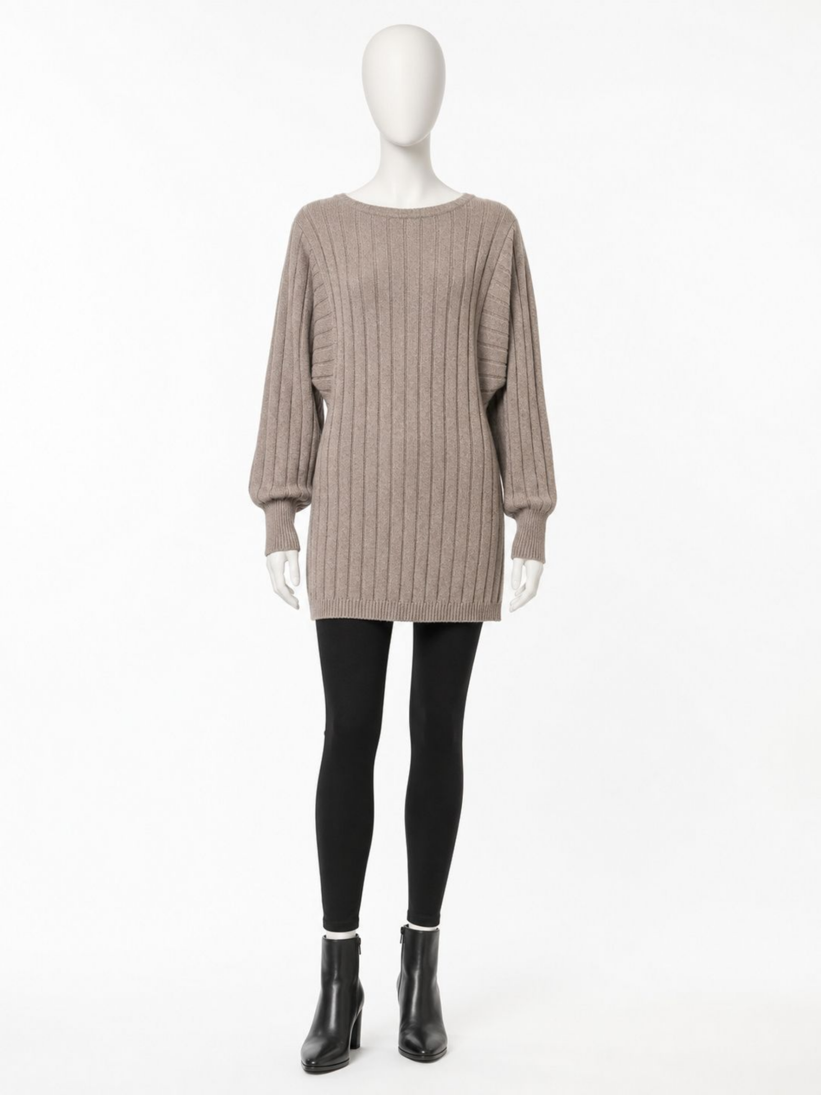 Beige Ribbed Knit Batwing Tunic Sweater / Mini Dress - Image 2