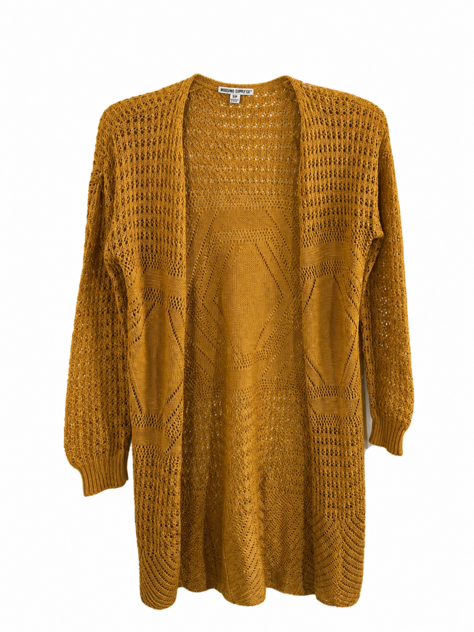 Moral Fiber Mustard Yellow Open Front Crochet Knit Duster Cardigan