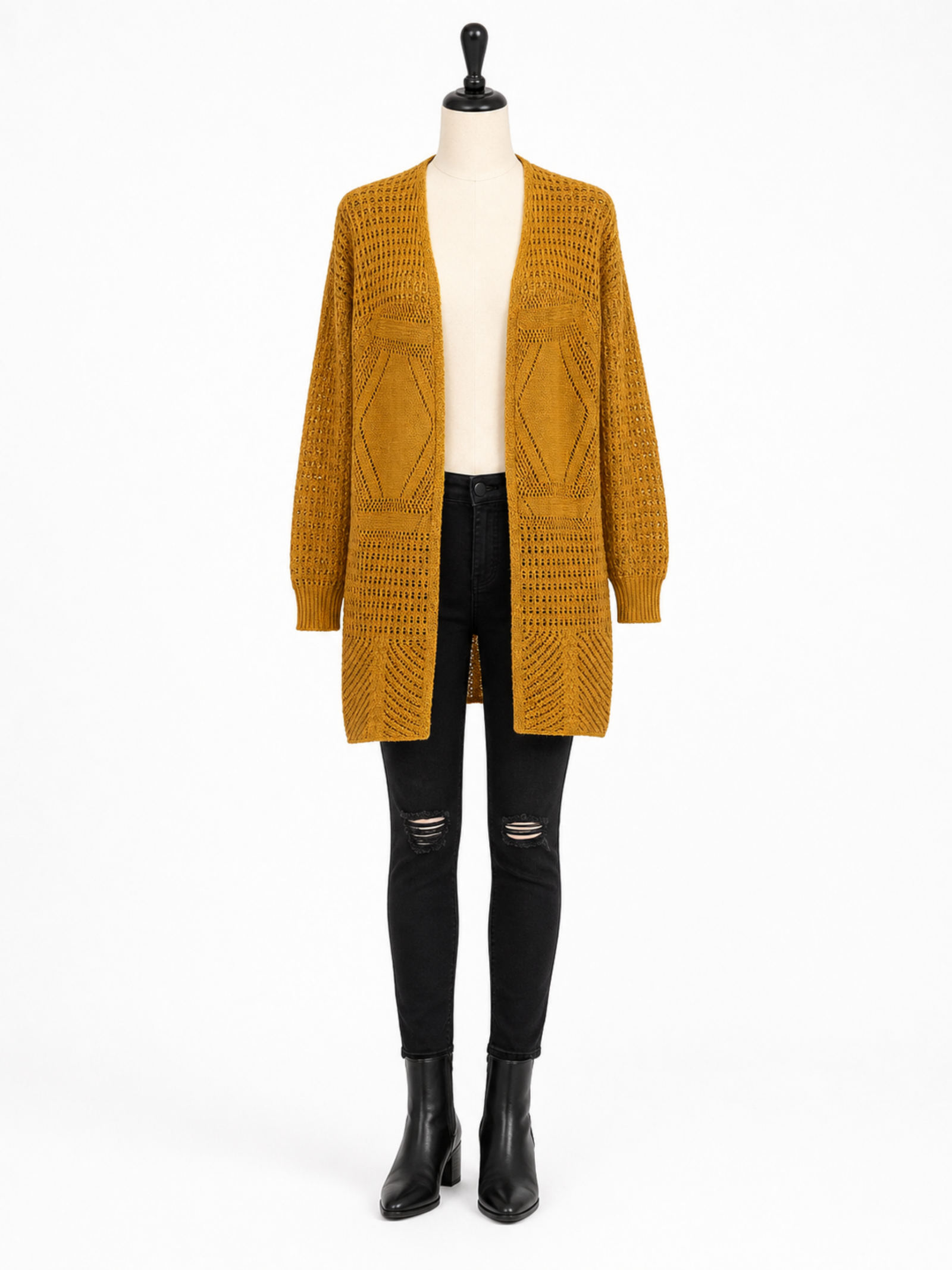 Moral Fiber Mustard Yellow Open Front Crochet Knit Duster Cardigan - Image 3