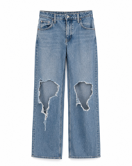High-Waisted Light Wash Distressed Knee Blow-Out Straight Leg Jeans