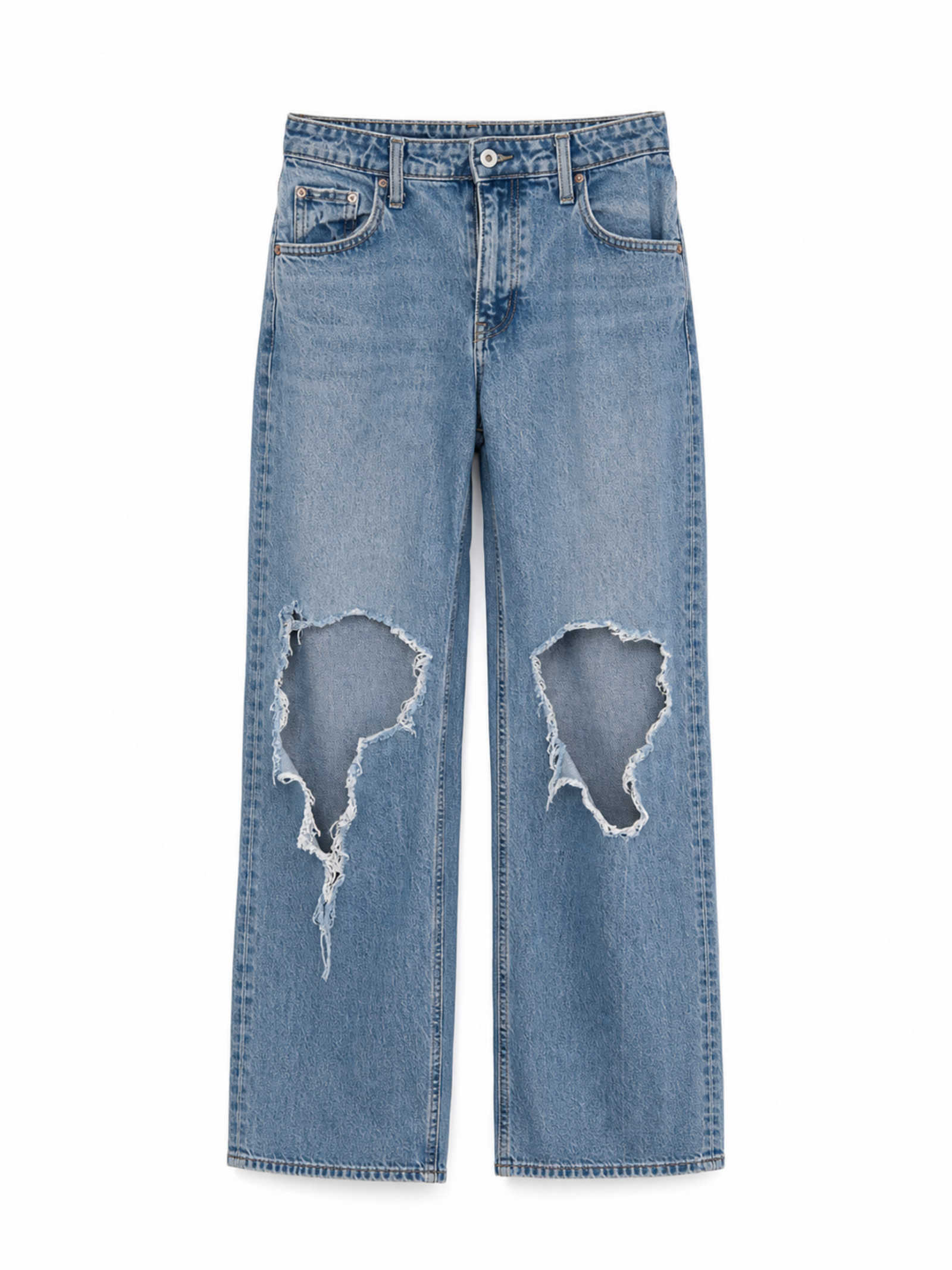 High-Waisted Light Wash Distressed Knee Blow-Out Straight Leg Jeans