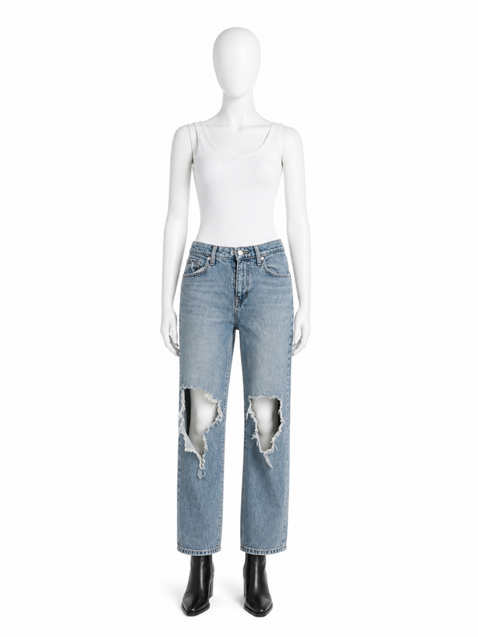 High-Waisted Light Wash Distressed Knee Blow-Out Straight Leg Jeans - Image 2