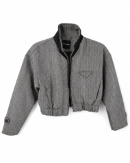 Fashion Nova Grey Herringbone Cropped Bomber Jacket Stand Collar
