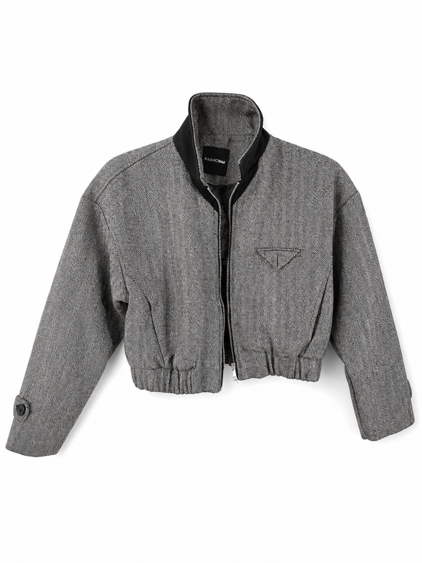 Fashion Nova Grey Herringbone Cropped Bomber Jacket Stand Collar