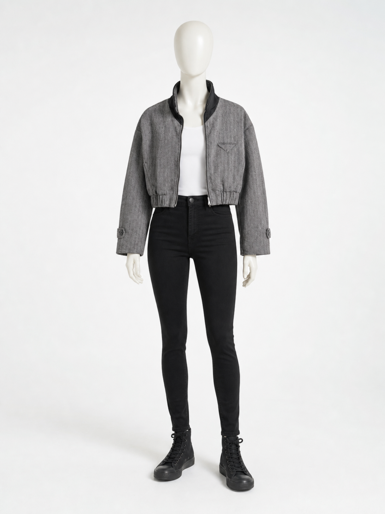 Fashion Nova Grey Herringbone Cropped Bomber Jacket Stand Collar - Image 5