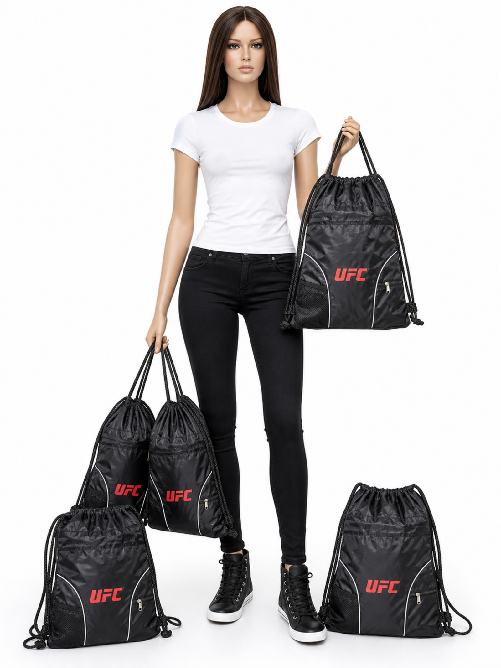 5 pack UFC Fight Club Drawstring Backpack Gym Bag Black Gray - Image 2