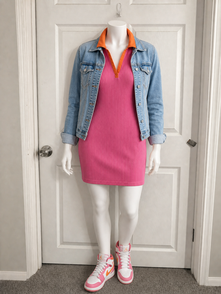Pink & Orange Ribbed Knit Mini Dress - Image 2